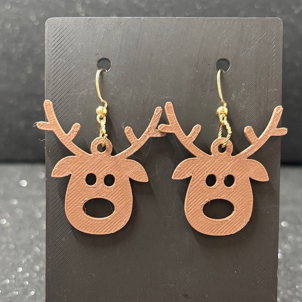 Reindeer Dangle Earrings – Christmas Holiday Earrings in Gold Tone - Picture 1 of 3